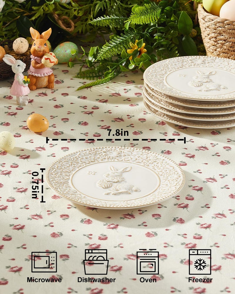 Metahom Easter Salad Plates, 8 Inch Ceramic Bunny Plate Set, Floral Dessert Dishes, Small Dinner Plates, Dishwasher & Microwave Safe, Set of 6, Cream White - Image 2