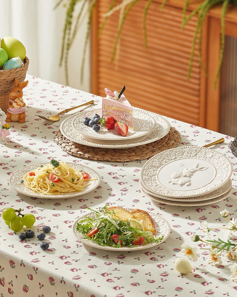 Metahom Easter Salad Plates, 8 Inch Ceramic Bunny Plate Set, Floral Dessert Dishes, Small Dinner Plates, Dishwasher & Microwave Safe, Set of 6, Cream White - Image 3