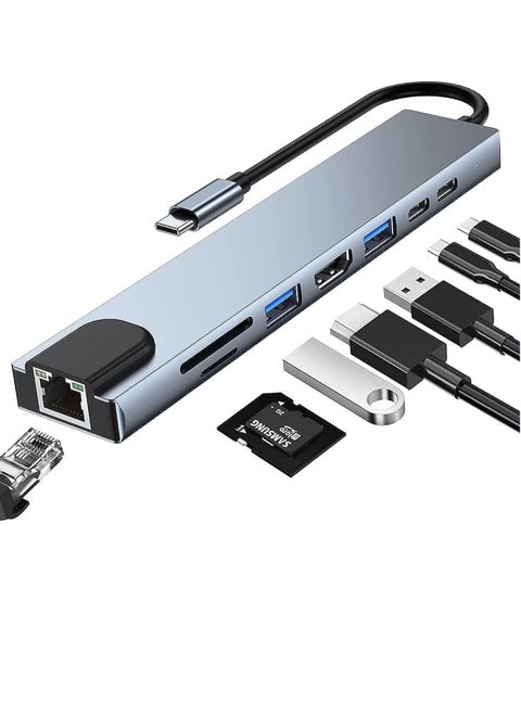 USB C Hub, 8 in 1 Type C Hub Multiport Adapter with 4K HDMI, PD Power Delivery, USB-C, Ethernet, 2 USB, SD/TF Card Reader Compatible with Mac Book Pro XPS and More Type C Devices