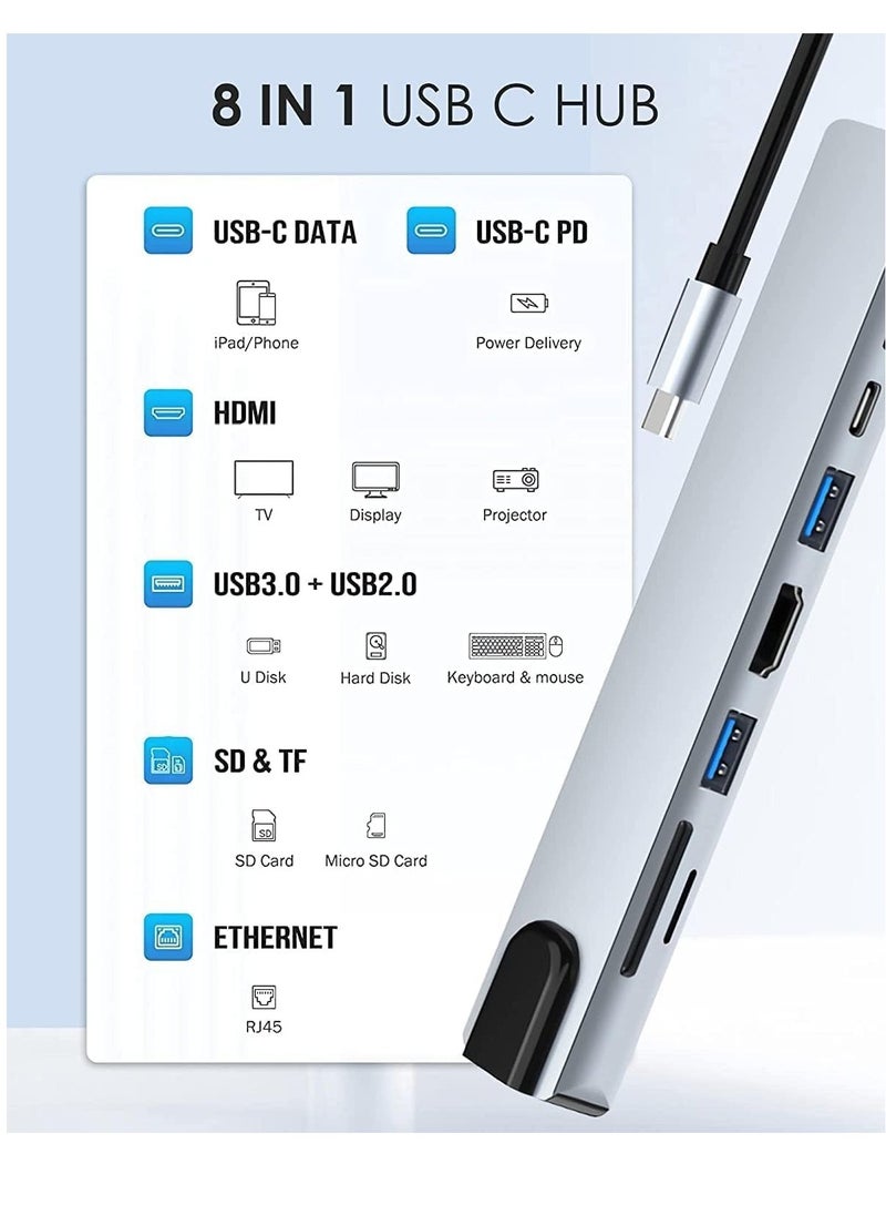 VIUAUAX - USB C Hub, 8 in 1 Type C Hub Multiport Adapter with 4K HDMI, PD Power Delivery, USB-C, Ethernet, 2 USB, SD/TF Card Reader Compatible with Mac Book Pro XPS and More Type C Devices - Image 1