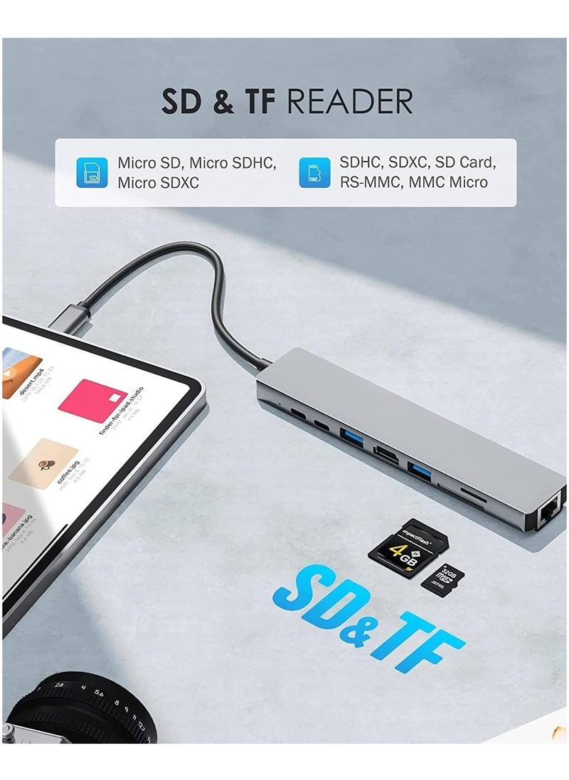 VIUAUAX - USB C Hub, 8 in 1 Type C Hub Multiport Adapter with 4K HDMI, PD Power Delivery, USB-C, Ethernet, 2 USB, SD/TF Card Reader Compatible with Mac Book Pro XPS and More Type C Devices - Image 1