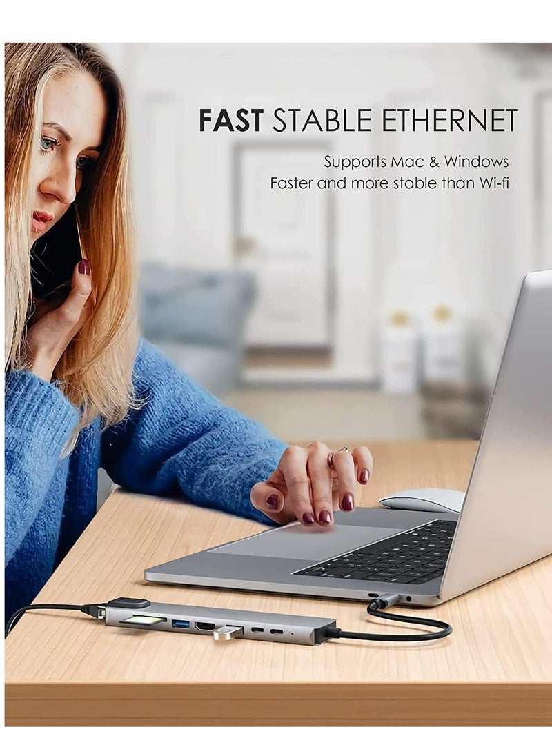 VIUAUAX - USB C Hub, 8 in 1 Type C Hub Multiport Adapter with 4K HDMI, PD Power Delivery, USB-C, Ethernet, 2 USB, SD/TF Card Reader Compatible with Mac Book Pro XPS and More Type C Devices - Image 1