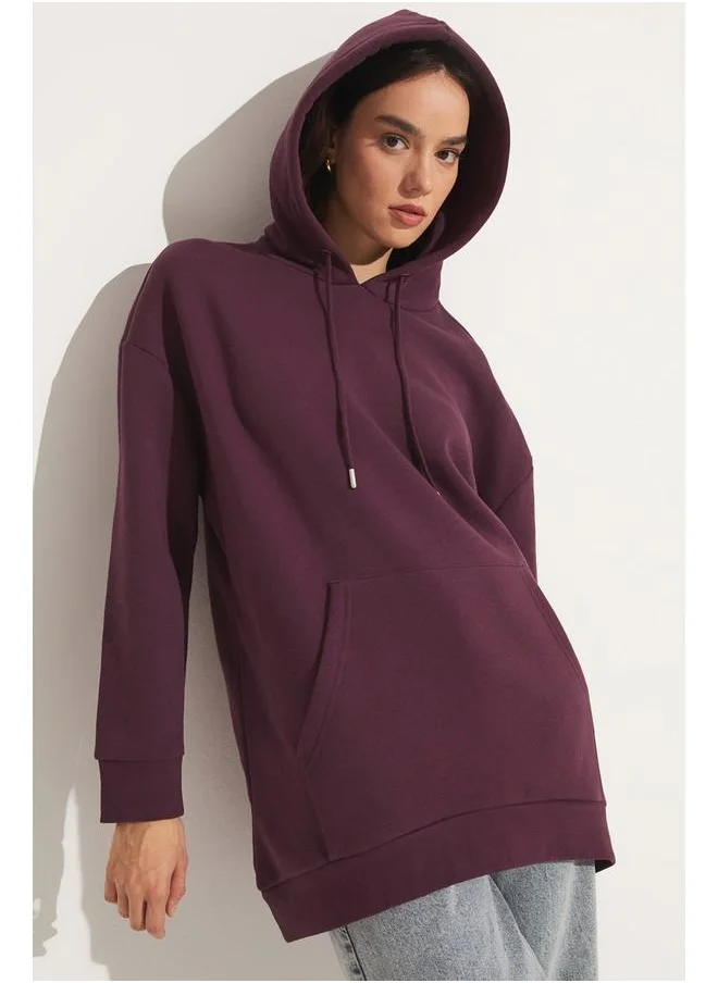 جون June Basic Thick Hooded Sweatshirt Damson