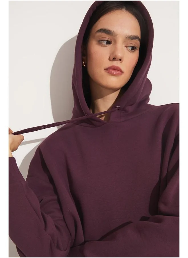 JUNE June Basic Thick Hooded Sweatshirt Damson