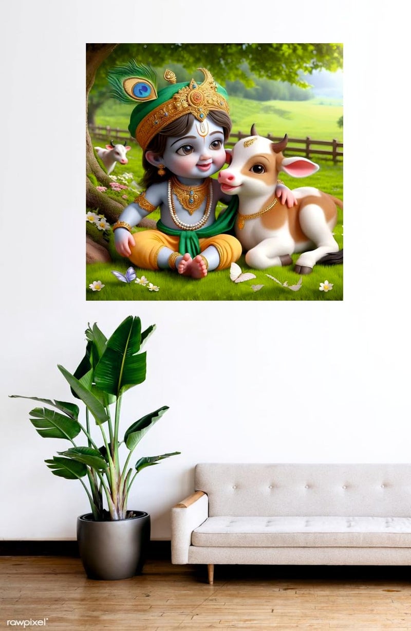 Decals Creation Vinyl Bal Krishna And Little Cow Wall Poster For Living Room, Kids Pooja Room (Size - 46Cm X46Cmself-Adhesive, Smooth Surface, 46 Cms) - Image 2