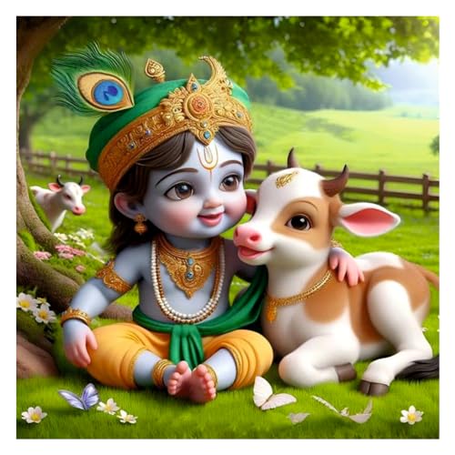 Decals Creation Vinyl Bal Krishna And Little Cow Wall Poster For Living Room, Kids Pooja Room (Size - 46Cm X46Cmself-Adhesive, Smooth Surface, 46 Cms) - Image 1