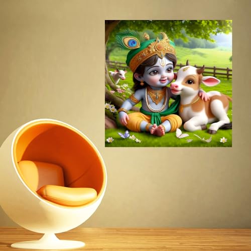 Decals Creation Vinyl Bal Krishna And Little Cow Wall Poster For Living Room, Kids Pooja Room (Size - 46Cm X46Cmself-Adhesive, Smooth Surface, 46 Cms) - Image 3