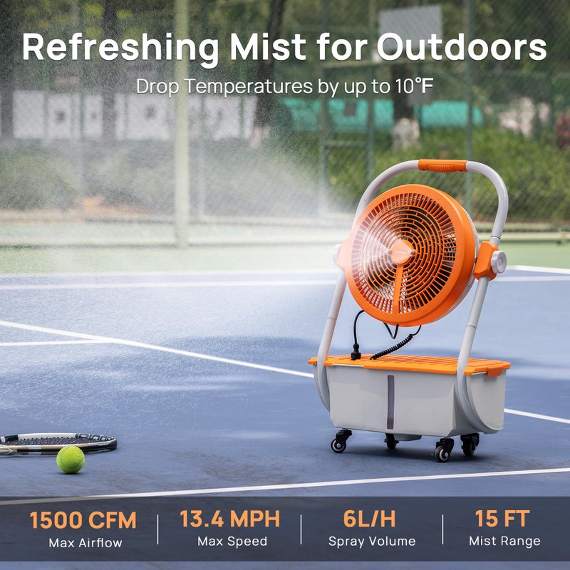 TURBRO Cordless Misting Fan with 11L Tank, High Pressure Spray Nozzles, 15ft Mist Range, Up to 50 Hours Run Time with Rechargeable Battery, 360Â° Swivel Wheels, Ideal for Patio, Pool and Outdoor Use - Image 2