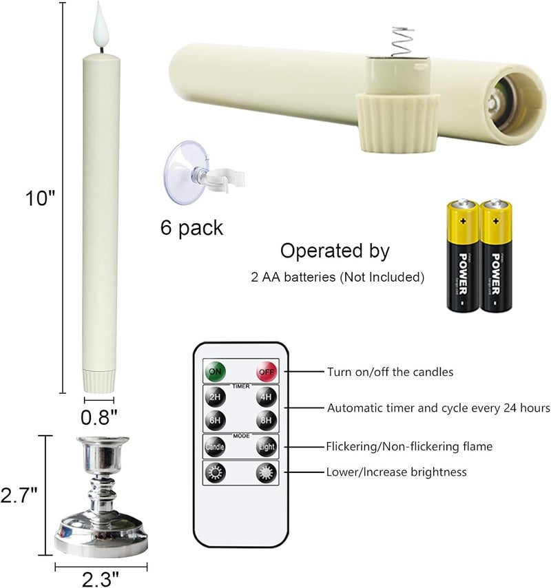 DRomance Christmas Flameless Window Taper Candles with 10-Key Remote and Timer, Battery Operated Real Flame Effect Realistic 3D Wick, 6 Pack Silver Holders and Suction Cups Included - Image 2