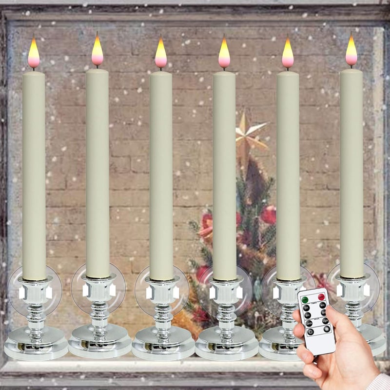 DRomance Christmas Flameless Window Taper Candles with 10-Key Remote and Timer, Battery Operated Real Flame Effect Realistic 3D Wick, 6 Pack Silver Holders and Suction Cups Included - Image 1