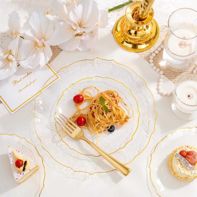 bUCLA 40PCS Clear and Gold Plastic Plates - Fancy Lace-Edge Clear Plates with Gold Trim Hammered Disposable - Include 20 Each(Dinner&Dessert) for Party & New Year - Image 3