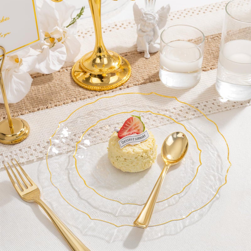 bUCLA 40PCS Clear and Gold Plastic Plates - Fancy Lace-Edge Clear Plates with Gold Trim Hammered Disposable - Include 20 Each(Dinner&Dessert) for Party & New Year - Image 4