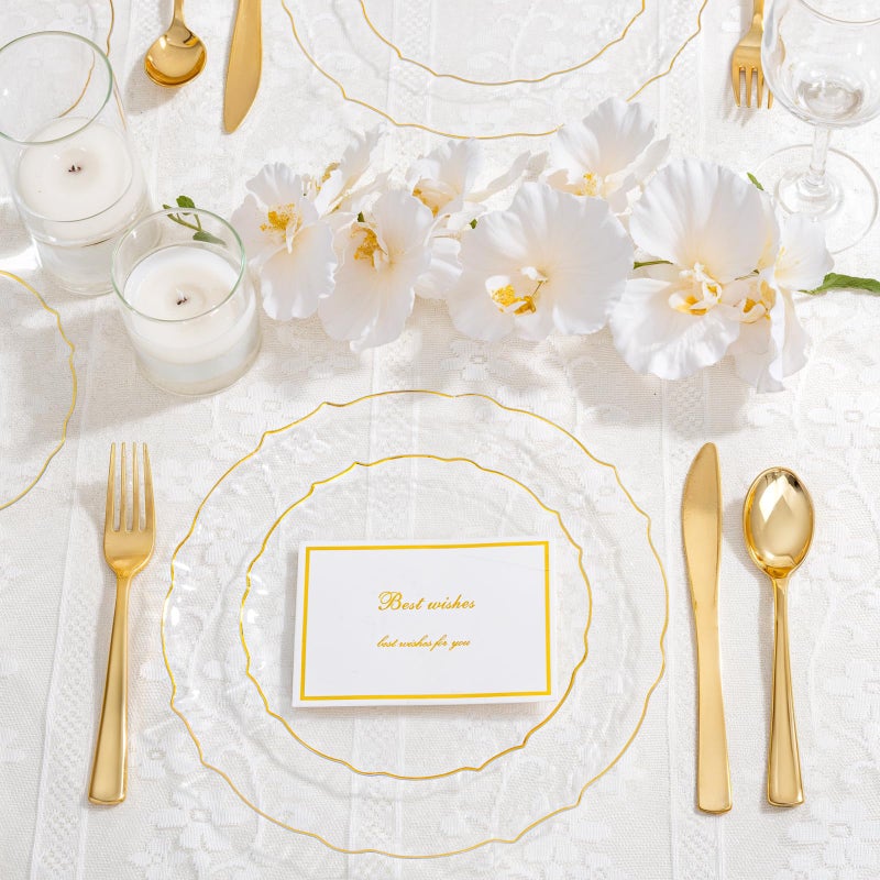 bUCLA 40PCS Clear and Gold Plastic Plates - Fancy Lace-Edge Clear Plates with Gold Trim Hammered Disposable - Include 20 Each(Dinner&Dessert) for Party & New Year - Image 5