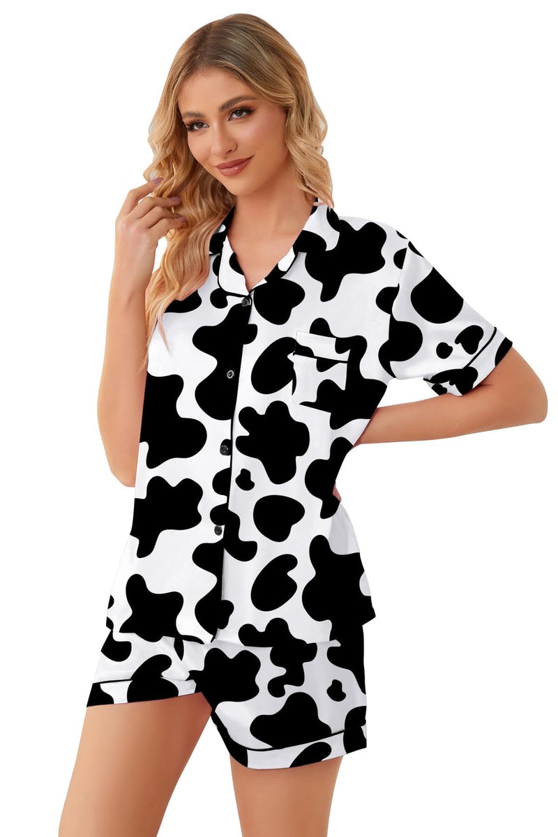 Schbbbta Women Silk Pajamas Set Short Sleeve Cow Sleepwear Soft Satin Button Down Pjs Loungewear, Cow Print, X-Small - Image 5