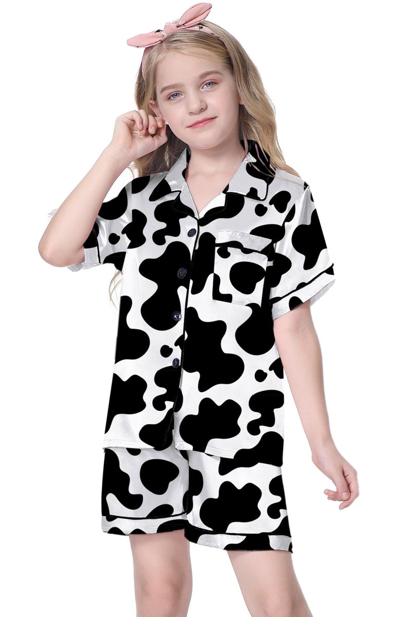 Schbbbta Women Silk Pajamas Set Short Sleeve Cow Sleepwear Soft Satin Button Down Pjs Loungewear, Cow Print, X-Small - Image 2