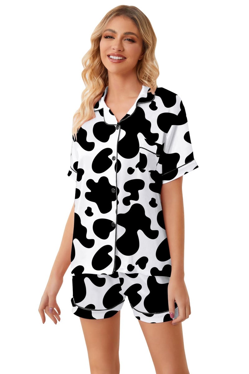 Schbbbta Women Silk Pajamas Set Short Sleeve Cow Sleepwear Soft Satin Button Down Pjs Loungewear, Cow Print, X-Small - Image 4