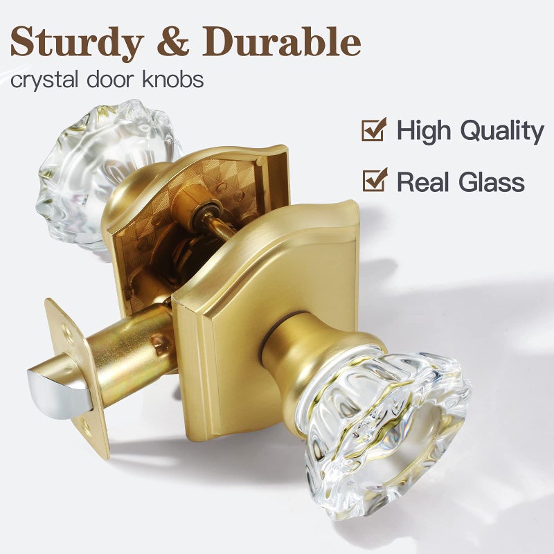 CLCTK Premium Glass Door Knobs, Bathroom Bedroom Door Knobs with Lock, Privacy Gold Door Knob Interior, Satin Brass - Image 2