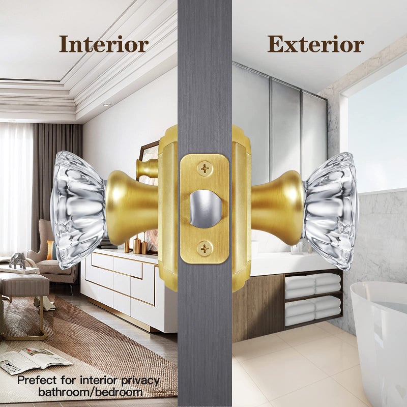 CLCTK Premium Glass Door Knobs, Bathroom Bedroom Door Knobs with Lock, Privacy Gold Door Knob Interior, Satin Brass - Image 4