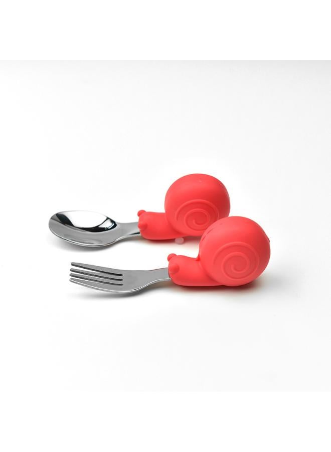 Hippo Baby Baby Learning To Eat Training Fork Spoon Short Handle Stainless Steel Tableware Children's Silicone Complementary Food Complementary Food Fork Spoon