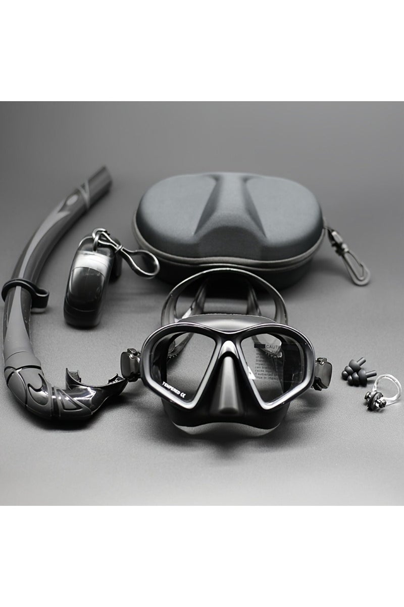 قناع غوص حر احترافي أسود اللون، مكون من 4 قطع، مقاوم للماء، ذو حجم منخفض، مصنوع من الزجاج المقوى، قناع غوص من النوع J