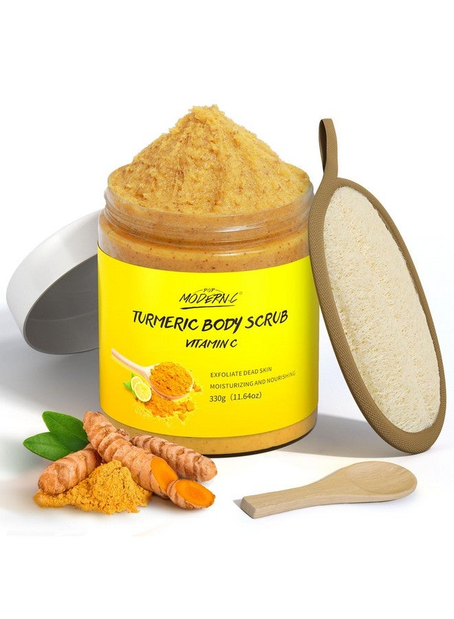 POP MODERN.C Turmeric and Vitamin C Body Scrub Remove Dead Skin Improve Dark Spots Acne Natural Organic Exfoliating Deep Cleansing Exfoliator for Body Butt Bikini Area Body Care with Loofah - Image 1