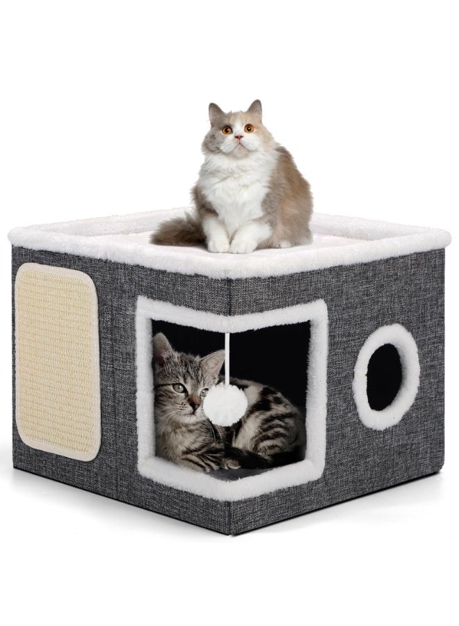 سرير للقطط في الاماكن المغلقة، كهف قطط كبير مع شقة مريحة، كرة منفوشة، نافذة دائرية، منزل قطط داخلي قابل للطي يتحمل حتى 13.6 كجم، مخبأ للقطط مع وسائد قابلة للعكس لجميع الفصول، رمادي - Image 1