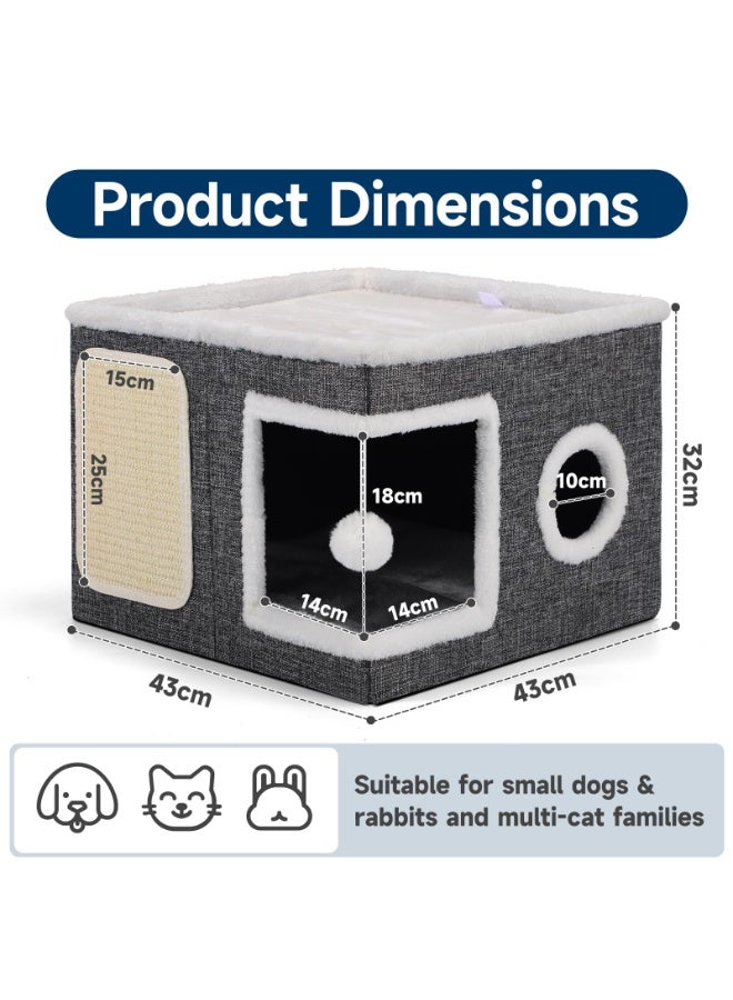 سرير للقطط في الاماكن المغلقة، كهف قطط كبير مع شقة مريحة، كرة منفوشة، نافذة دائرية، منزل قطط داخلي قابل للطي يتحمل حتى 13.6 كجم، مخبأ للقطط مع وسائد قابلة للعكس لجميع الفصول، رمادي - Image 2