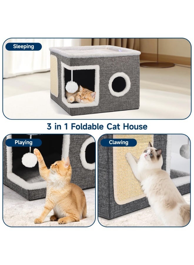 سرير للقطط في الاماكن المغلقة، كهف قطط كبير مع شقة مريحة، كرة منفوشة، نافذة دائرية، منزل قطط داخلي قابل للطي يتحمل حتى 13.6 كجم، مخبأ للقطط مع وسائد قابلة للعكس لجميع الفصول، رمادي - Image 3