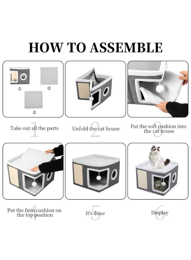 سرير للقطط في الاماكن المغلقة، كهف قطط كبير مع شقة مريحة، كرة منفوشة، نافذة دائرية، منزل قطط داخلي قابل للطي يتحمل حتى 13.6 كجم، مخبأ للقطط مع وسائد قابلة للعكس لجميع الفصول، رمادي - Image 4