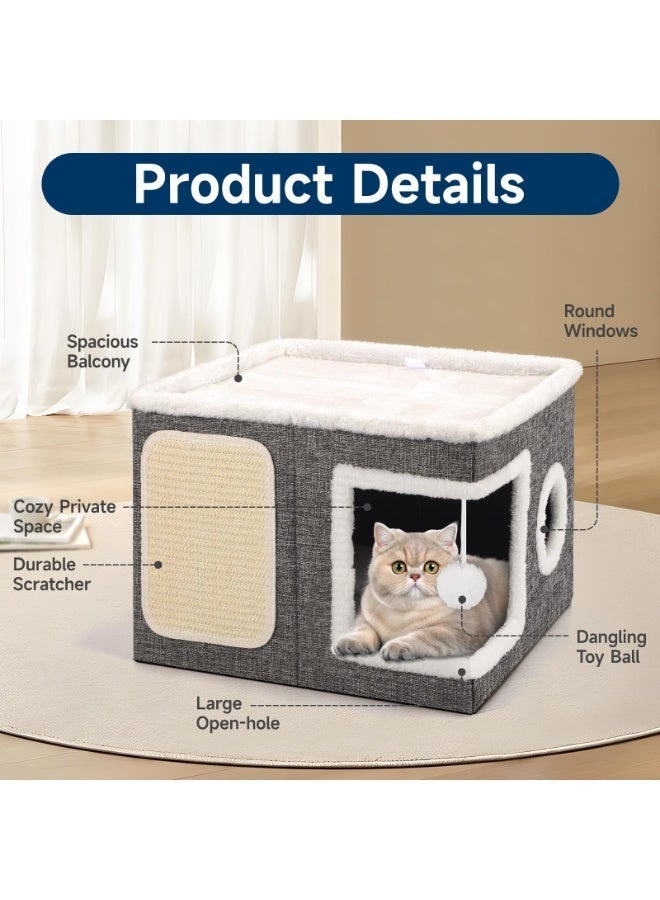 سرير للقطط في الاماكن المغلقة، كهف قطط كبير مع شقة مريحة، كرة منفوشة، نافذة دائرية، منزل قطط داخلي قابل للطي يتحمل حتى 13.6 كجم، مخبأ للقطط مع وسائد قابلة للعكس لجميع الفصول، رمادي - Image 5