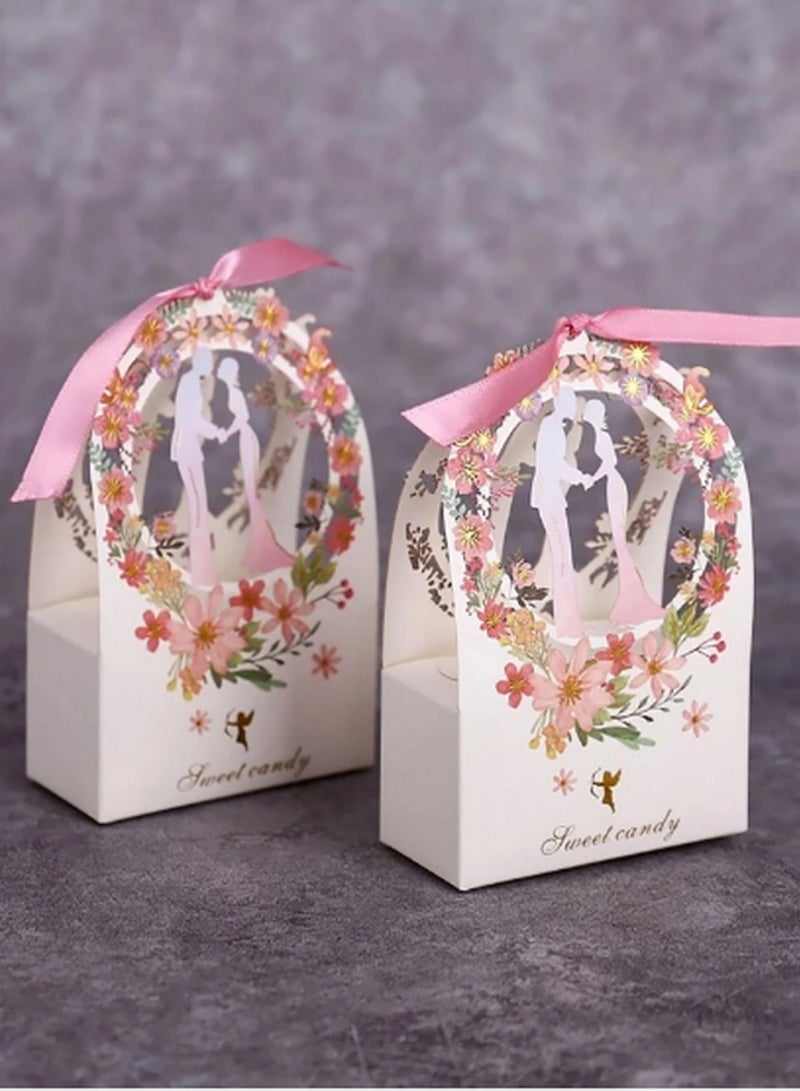 Generic Luxurious Romantic Floral Wedding Favor Boxes – Set of 5 Elegant Bride and Groom Candy Gift Boxes with Pink Ribbon, Ideal for Weddings, Engagements, and Special Occasions - Image 1