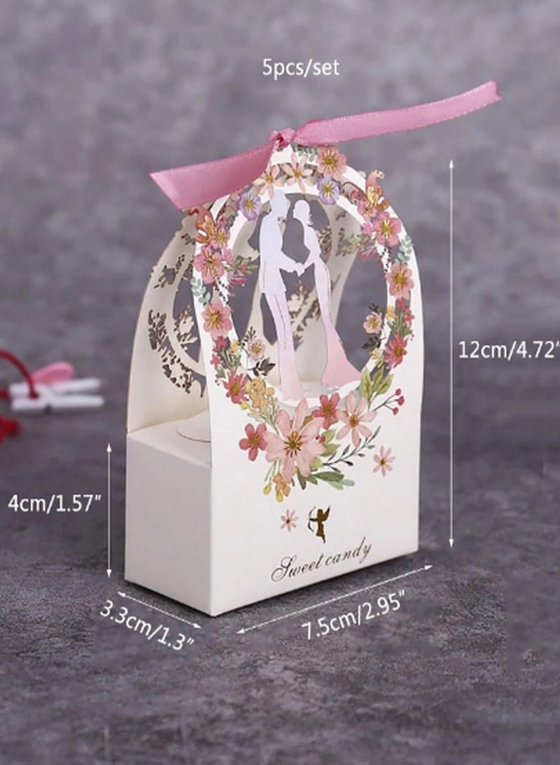 Generic Luxurious Romantic Floral Wedding Favor Boxes – Set of 5 Elegant Bride and Groom Candy Gift Boxes with Pink Ribbon, Ideal for Weddings, Engagements, and Special Occasions - Image 3