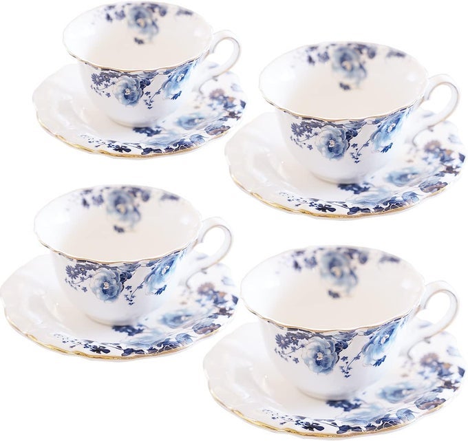 CERAMIC TEA CUPS COFFEE CUP AND SAUCERS SET OF 4 BLUE AND WHITE