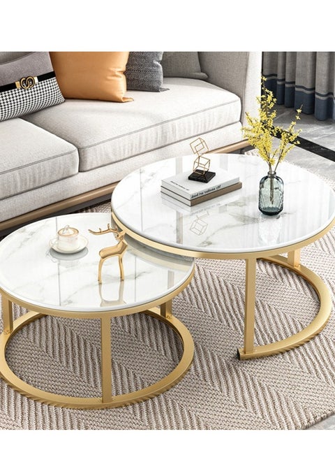 Round Coffee Tables Set of 2, Living Room Nesting Center Tables with White Marble Pattern Wood Tabletop and Gold Metal Frame, Modern Side End Tables for Bedroom Balcony Yard