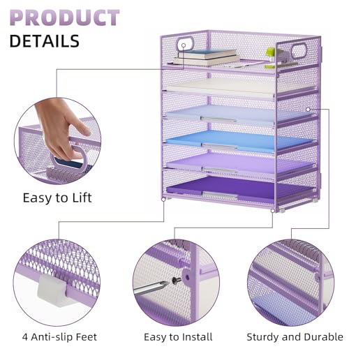 Marbrasse 2 Pack Desk Organizer with Handle 6 Tier Paper Letter Tray Mesh Desk File Organizer for Office School and Home Purple - Image 3