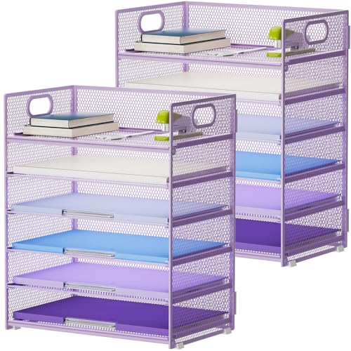 Marbrasse 2 Pack Desk Organizer with Handle 6 Tier Paper Letter Tray Mesh Desk File Organizer for Office School and Home Purple - Image 1