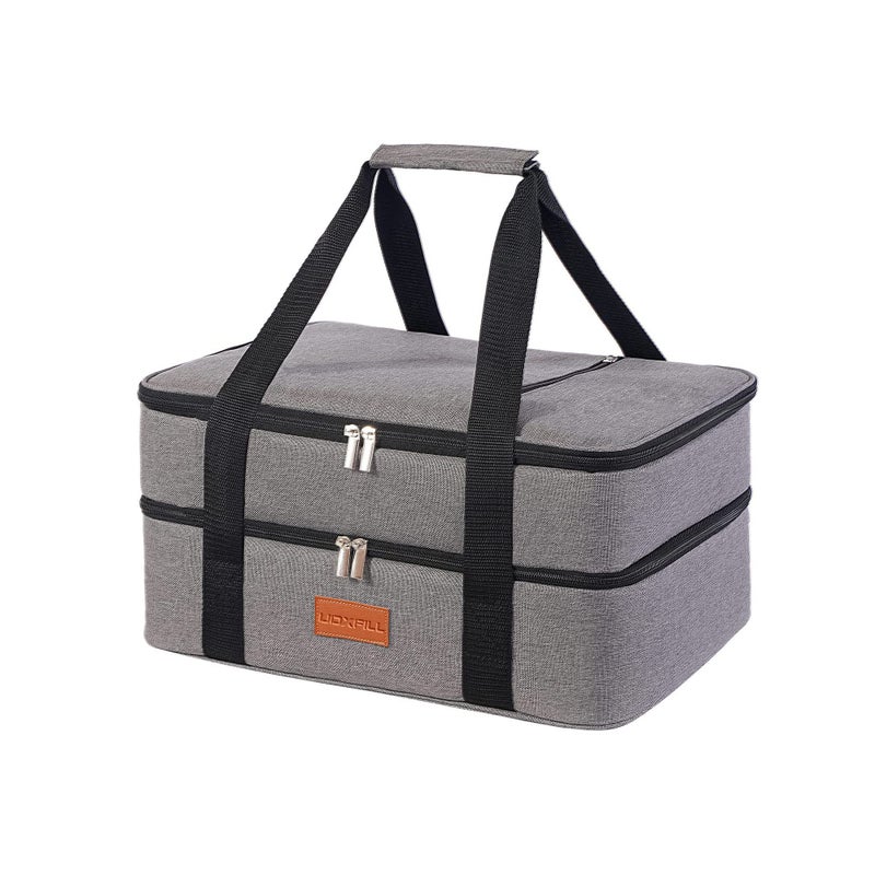 Lunch Bag Insulated Thermal Food Carrier Insulated Double Decker Casserole Carrier for Hot or Cold FoodInsulated Tote Bag for Potluck Cookouts PicnicLasagna HolderFits 9x13 Baking PanGray