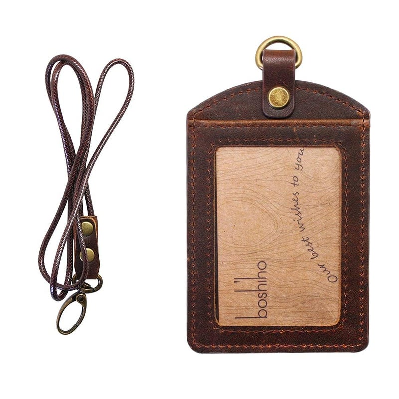 boshiho Badge Holder: Boshiho Cowhide Leather ID Badge Card Holder with 19" Neck Lanyard, Vertical Style (Dark Brown) - Image 1