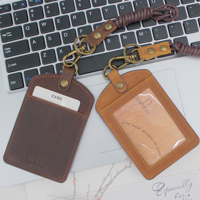 boshiho Badge Holder: Boshiho Cowhide Leather ID Badge Card Holder with 19" Neck Lanyard, Vertical Style (Dark Brown) - Image 3