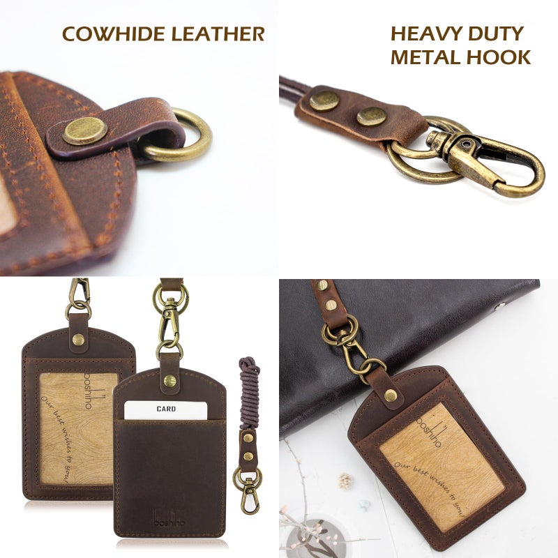 boshiho Badge Holder: Boshiho Cowhide Leather ID Badge Card Holder with 19" Neck Lanyard, Vertical Style (Dark Brown) - Image 4