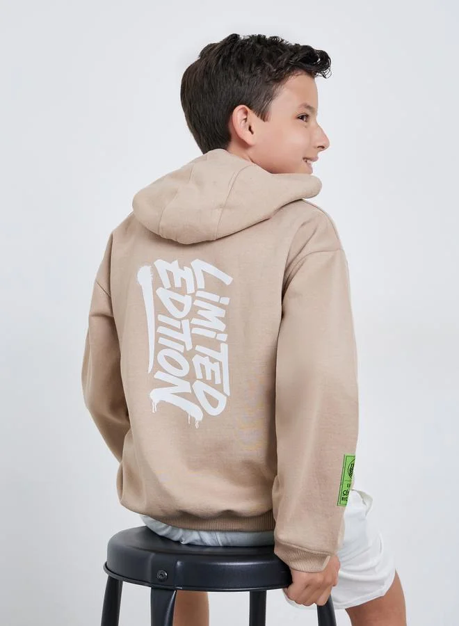 Styli Teens Beige Graphic Print Cotton Hoodie