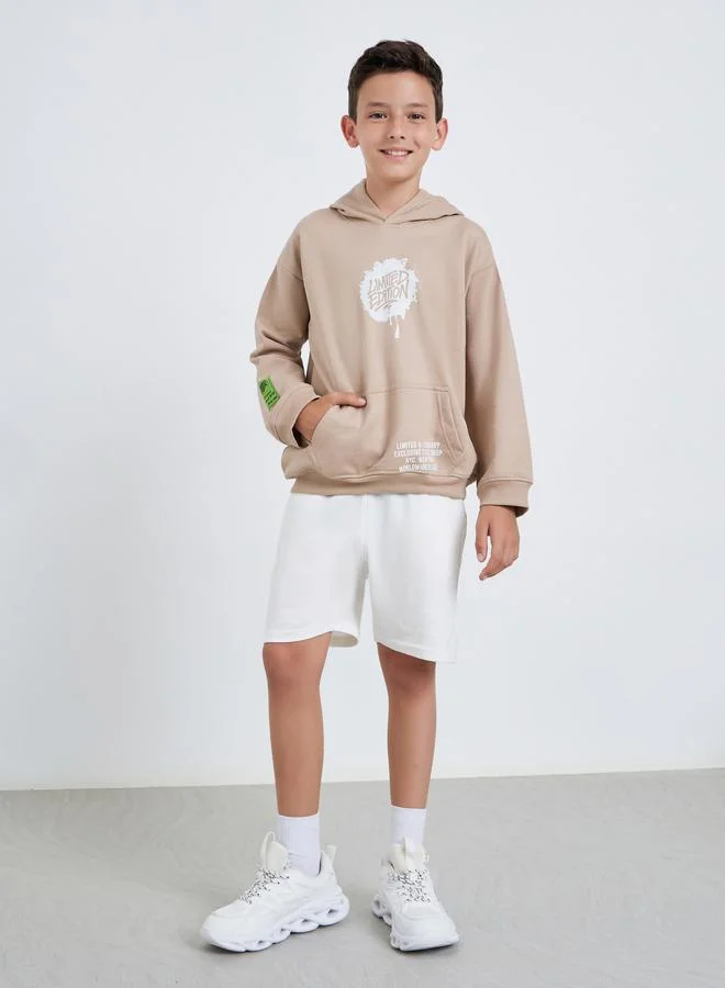 Styli Teens Beige Graphic Print Cotton Hoodie