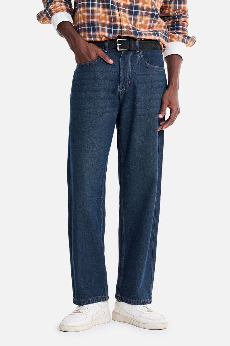 سنيتش Blue Solid Wide Leg Streetwear Jeans