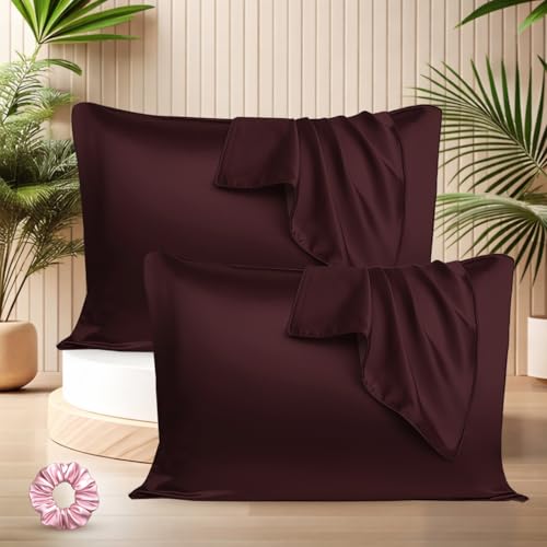 SITTELLA® 72x46 cm Set of 2 Satin Silk Pillow Covers | 600 TC Soft Pillowcase for Hair & Skin | Envelope Closure | Brown |1 Free Scrunchie Included - Image 1