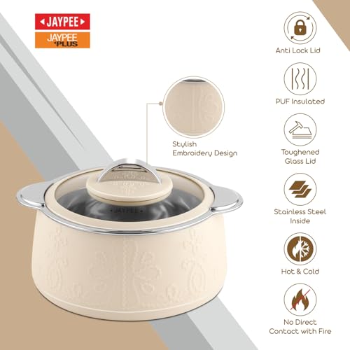 JAYPEE PLUS طقم تقديم جايبي فابرين مزدوج من كاسرول معزول PUF | داخلي من الفولاذ المقاوم للصدأ | غطاء زجاجي مقوى بقفل مضاد | صندوق ساخن لتقديم الشباتي والأطباق، 1000+1000 مل، عاجي - Image 2