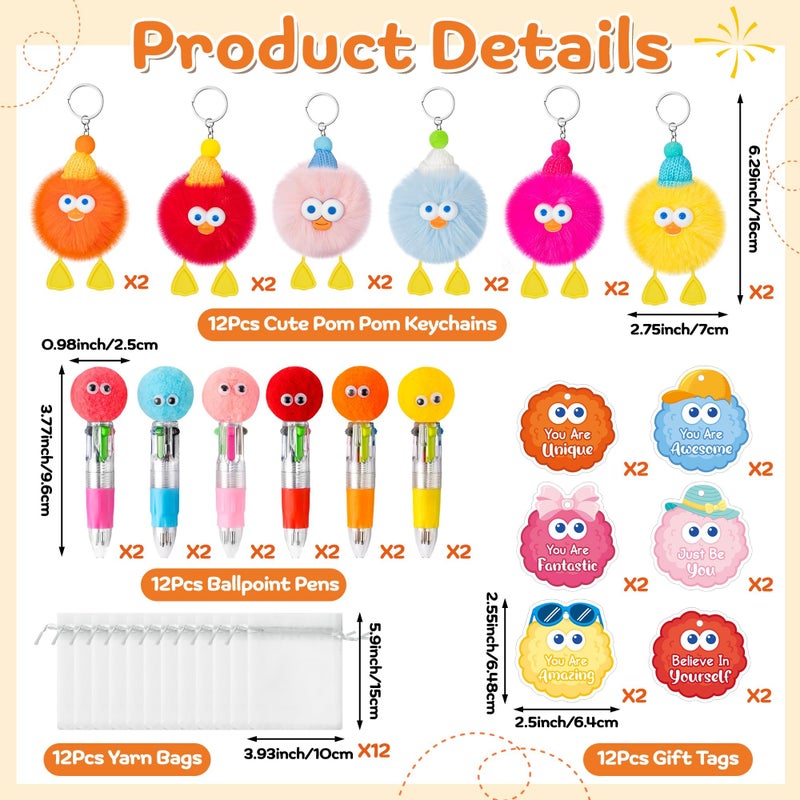 TICIAGA Fluffy Pom Pom Classroom Prize - 24 Set Cute Plush Toy Keychains with Motivational Gift Tags, 4-in-1 Ballpoint Pens and Organza Bags, Birthday Valentines Gifts for Girls Goodies Bag Fillers - Image 2