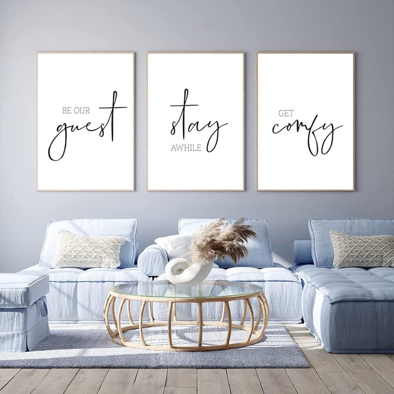 Pennclys Be Our Guest Wall Decor Guest Room Wall Art Decor Stay Awhile Signs for Home Decor Minimalist Wall Art over the Bed Sign Guest Bedroom Wall Decor Canvas Painting 12x16 Inch (set of 3) UNFRAMED - Image 1