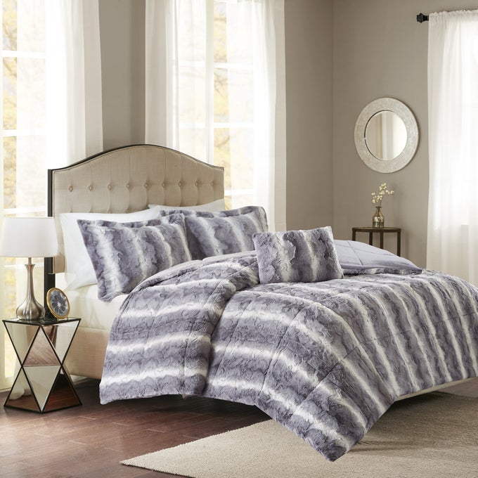 ZURI SOFT PLUSH COMFORTER SET FAUX FUR ANIMAL STRIPES DESIGN FAUX MINK ON THE REVERSE MODERN ALL SEASON BEDDING SET WITH MATCHING SHAM KING GREY 4 PIECE