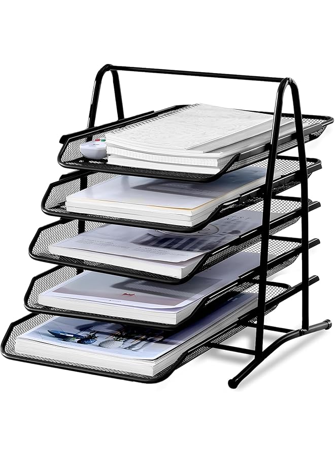 SKY-TOUCH 5 Tier Paper Tray Desktop Organizer File Storage With Sliding Tray Stackable File Rack Metal Mesh Letter Trays For Office Study Room School Desktop Organization Black - Image 1