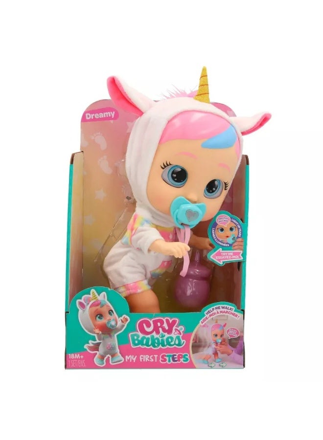 Cry Babies My First Steps Walking Baby Doll - Dreamy | Makes 10+ Realistic Baby Sounds | Take Her Hand and Guide Her Forward  |Interactive Baby Doll | Collectible Soft Doll | Nurturing and Imaginative Play | Sensory Development | Gift for Toddler & Kids - Image 1